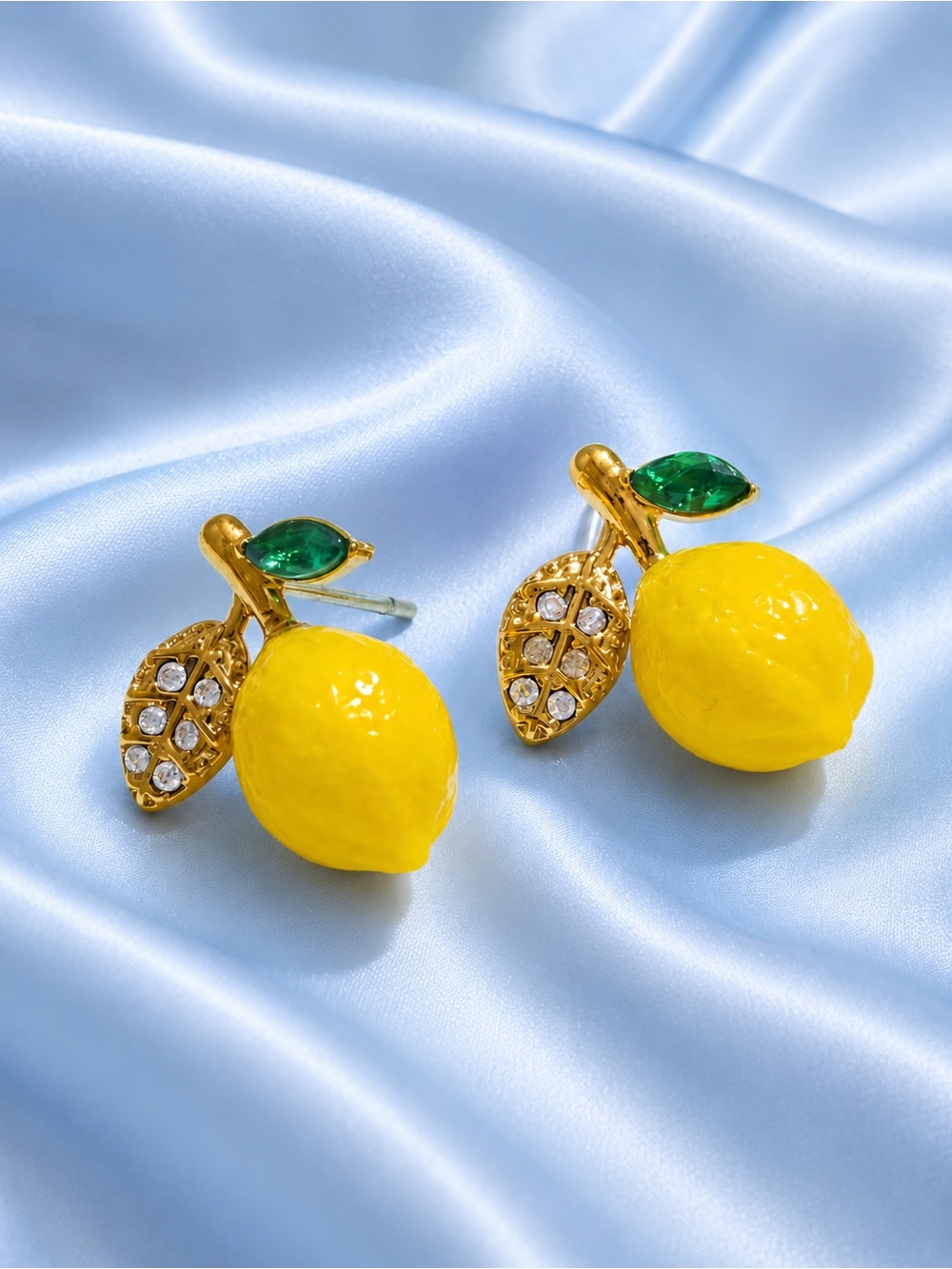 Gold Lemon Drop Earrings with Yellow Enamel and Green Crystal Leaf